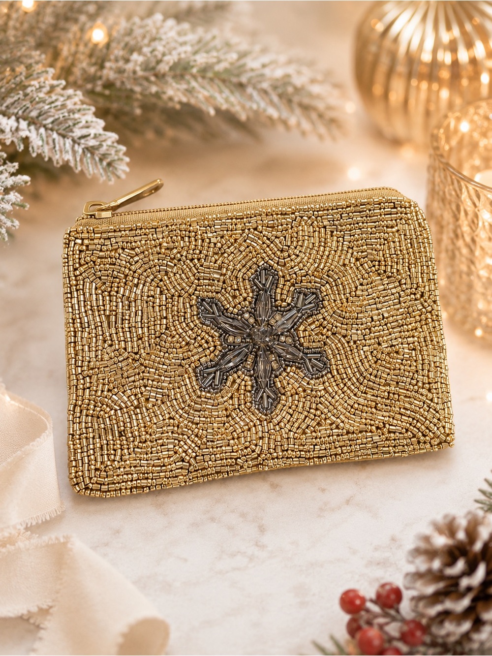 Gold Beaded Snowflake Zip Pouch
